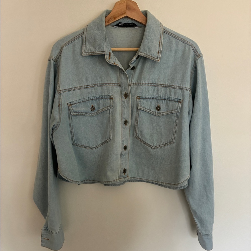 Zara Light Blue Denim Cropped Shirt